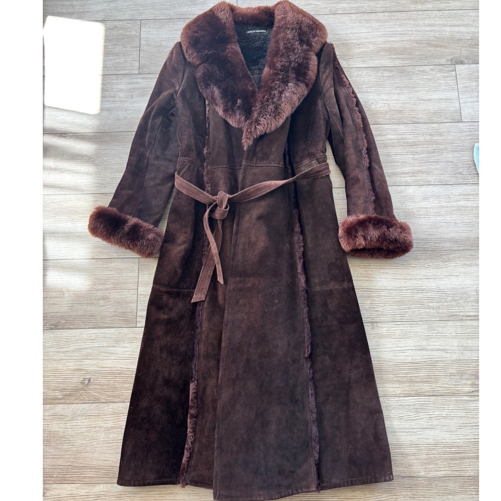 Vintage 70s Argentina Brown Suede Leather penny Lane Faux Fur Collar Belted Long